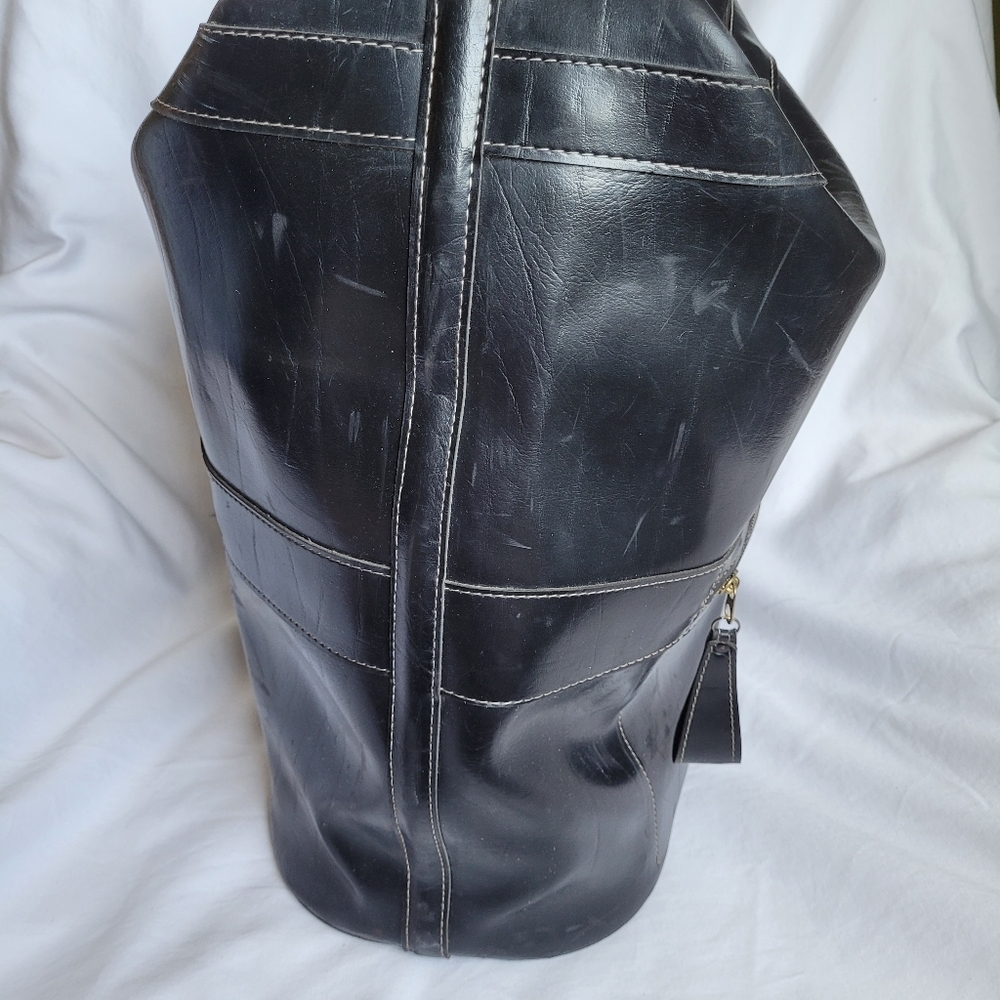 Quality Lg Black Leather Top Load Carry All Travel Bag Vtg Aero Zippers OOAK